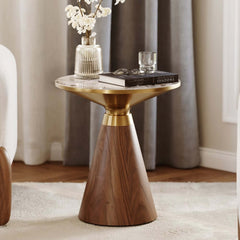 Modern Round Sintered Stone End Table With Walnut Veneer