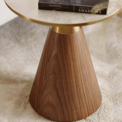 Modern Round Sintered Stone End Table With Walnut Veneer