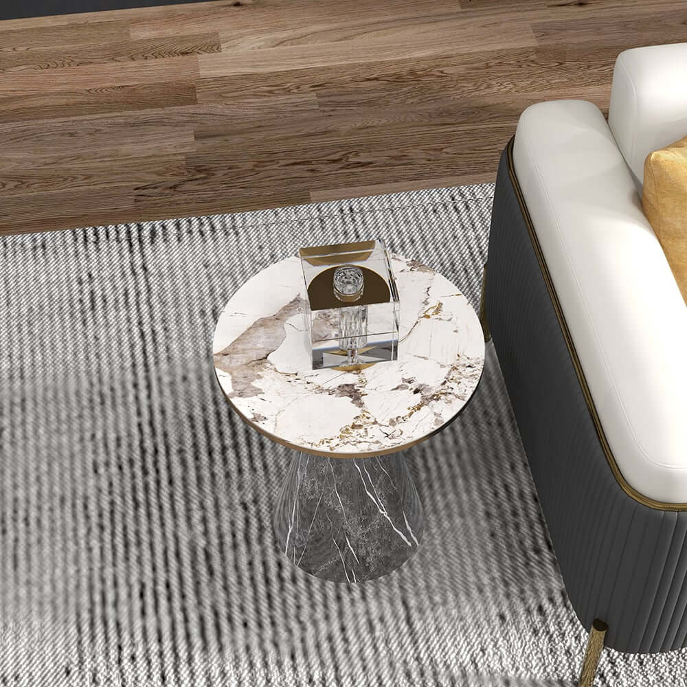 Modern Round Sintered Stone End Table With Walnut Veneer