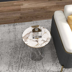 Modern Round Sintered Stone End Table With Walnut Veneer