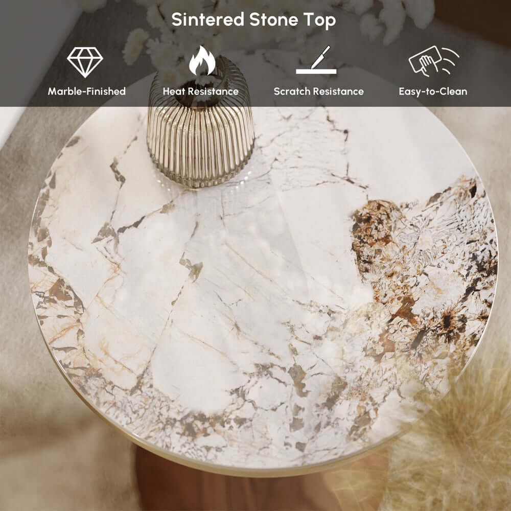 Modern Round Sintered Stone End Table With Walnut Veneer