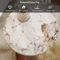 Modern Round Sintered Stone End Table With Walnut Veneer