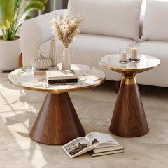 Modern Round Sintered Stone End Table With Walnut Veneer
