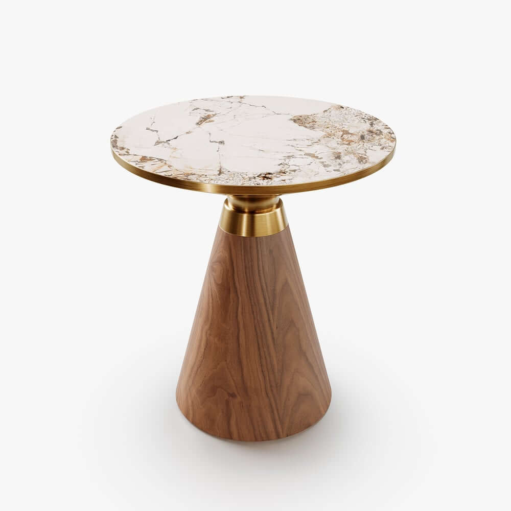 Modern Round Sintered Stone End Table With Walnut Veneer