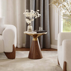 Modern Round Sintered Stone End Table With Walnut Veneer
