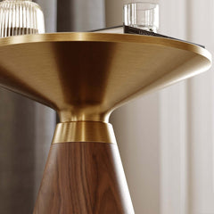 Modern Round Sintered Stone End Table With Walnut Veneer