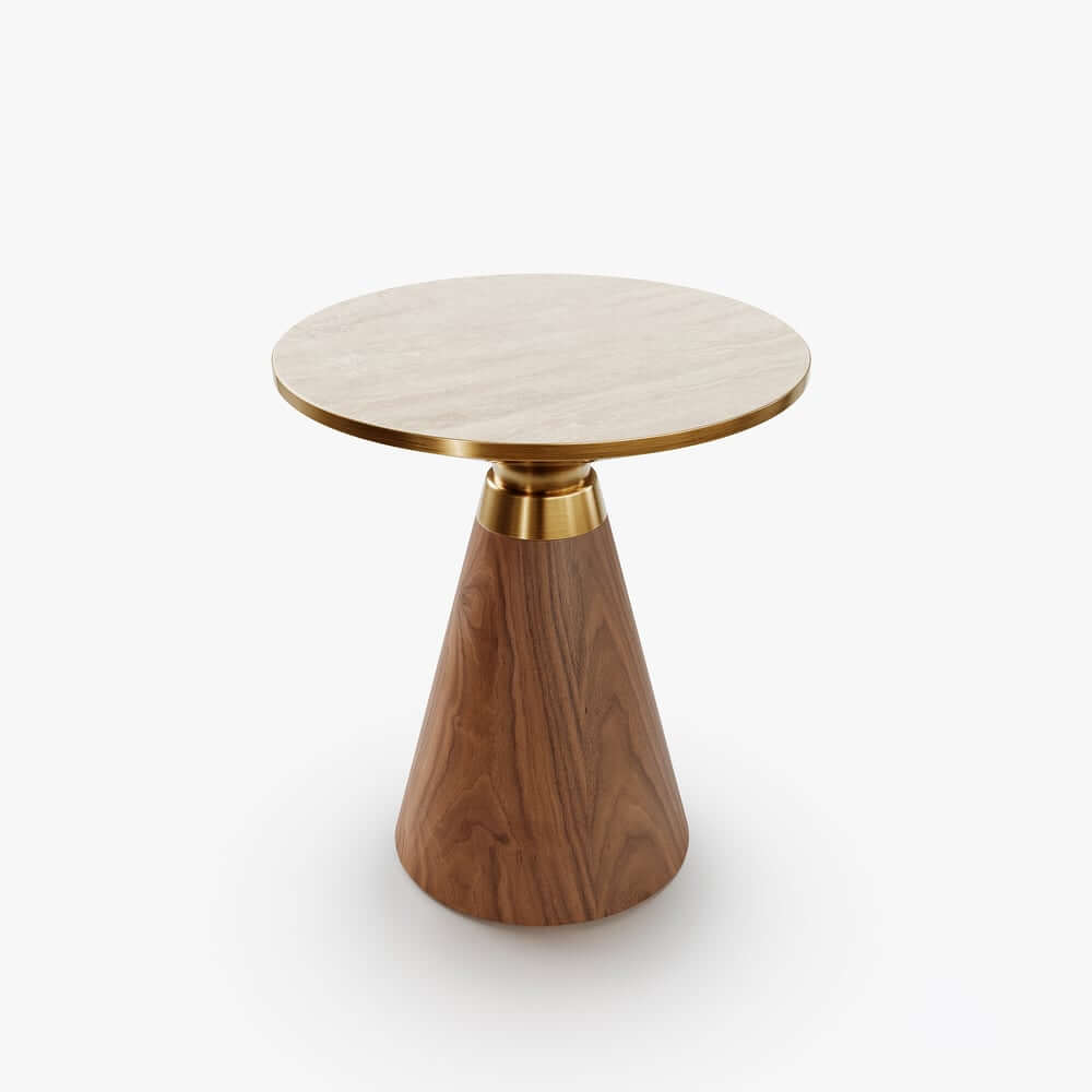 Modern Round Sintered Stone End Table With Walnut Veneer
