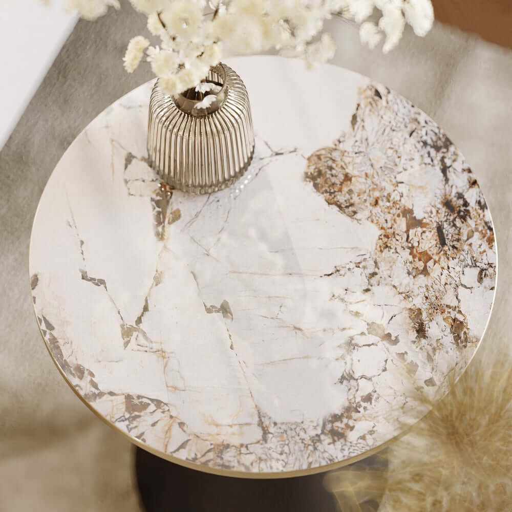 Modern Round Sintered Stone End Table With Walnut Veneer