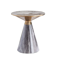Modern Round Sintered Stone End Table With Walnut Veneer