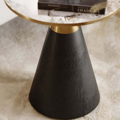 Modern Round Sintered Stone End Table With Walnut Veneer