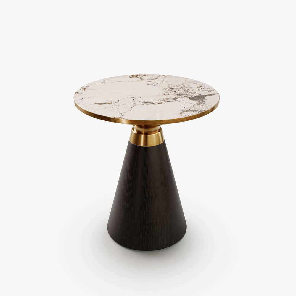Modern Round Sintered Stone End Table With Walnut Veneer