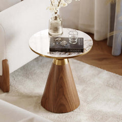 Modern Round Sintered Stone End Table With Walnut Veneer