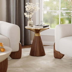 Modern Round Sintered Stone End Table With Walnut Veneer