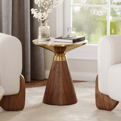 Modern Round Sintered Stone End Table With Walnut Veneer