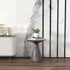 Modern Round Sintered Stone End Table With Walnut Veneer