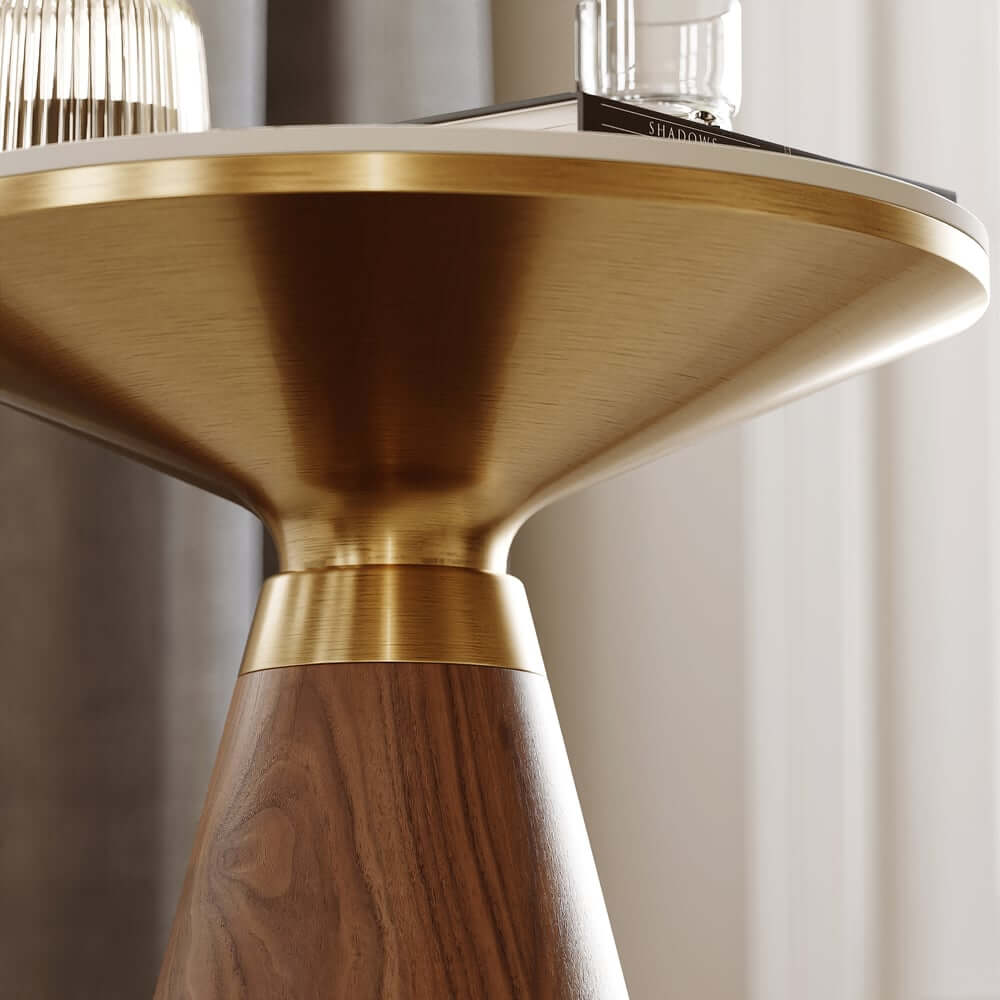 Modern Round Sintered Stone End Table With Walnut Veneer