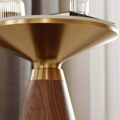 Modern Round Sintered Stone End Table With Walnut Veneer