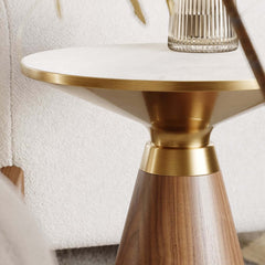 Modern Round Sintered Stone End Table With Walnut Veneer