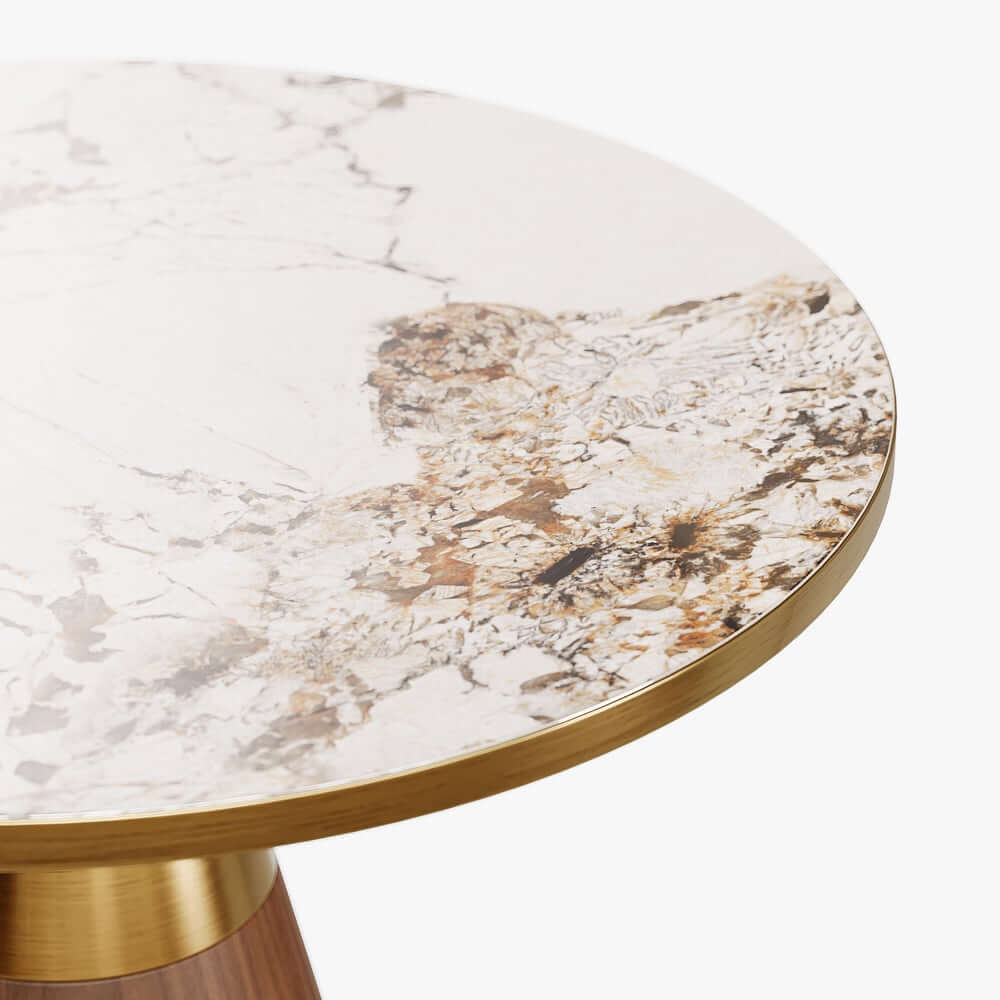 Modern Round Sintered Stone End Table With Walnut Veneer