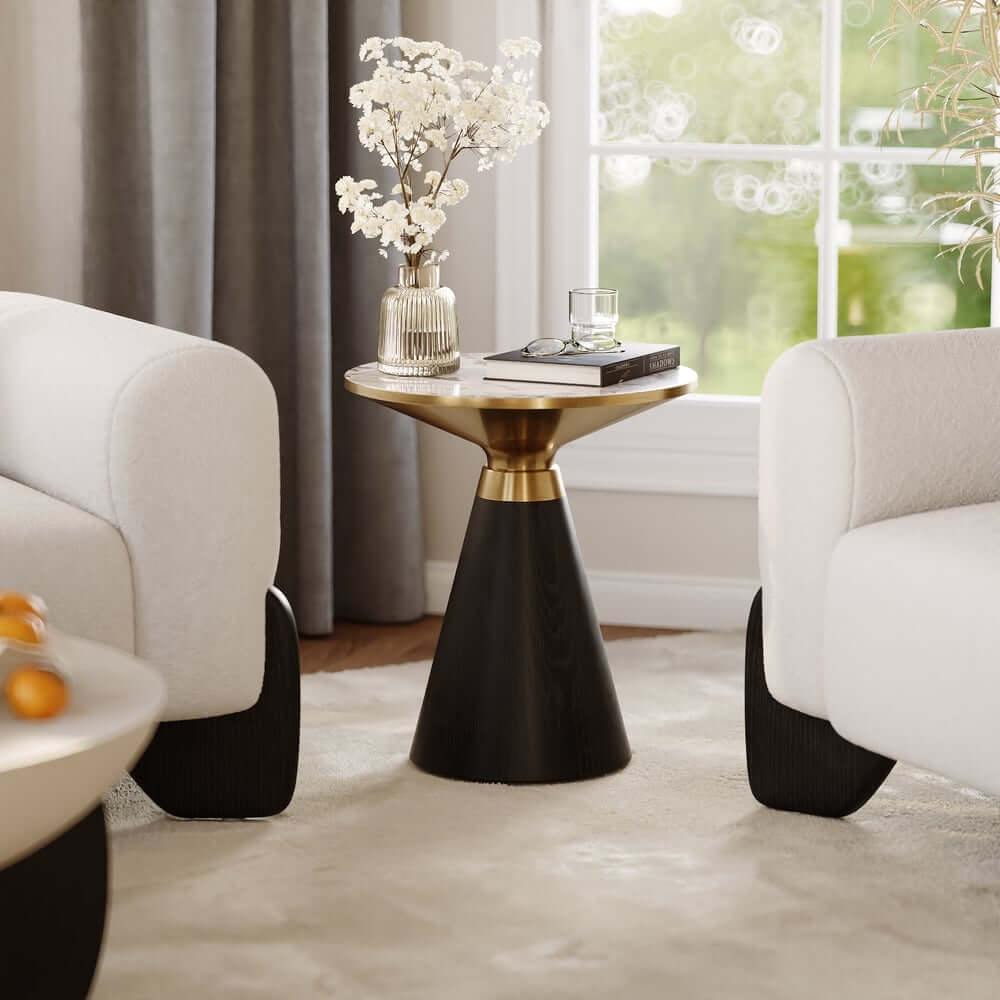 Modern Round Sintered Stone End Table With Walnut Veneer