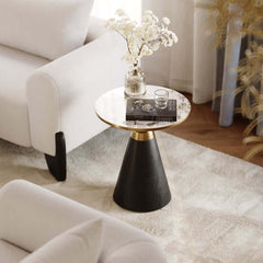 Modern Round Sintered Stone End Table With Walnut Veneer