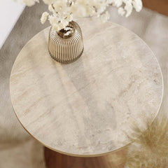 Modern Round Sintered Stone End Table With Walnut Veneer