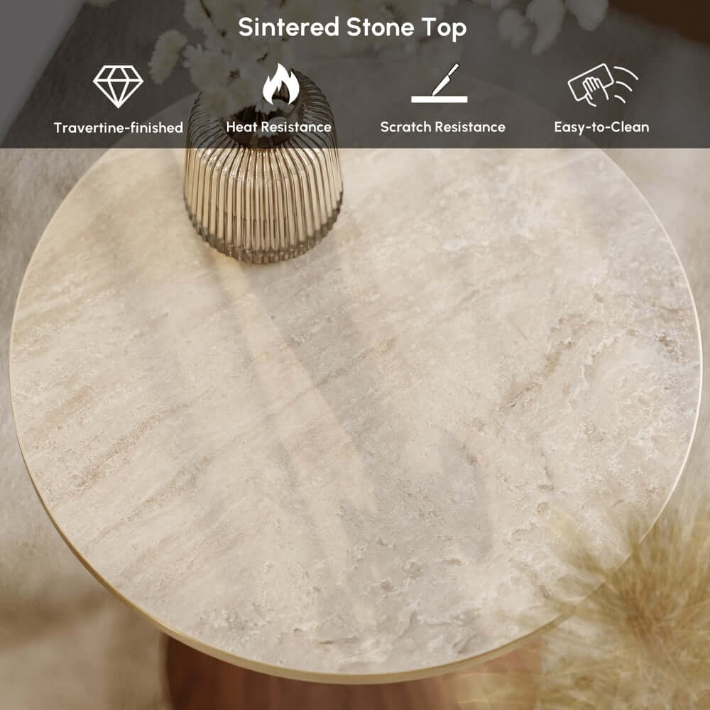 Modern Round Sintered Stone End Table With Walnut Veneer