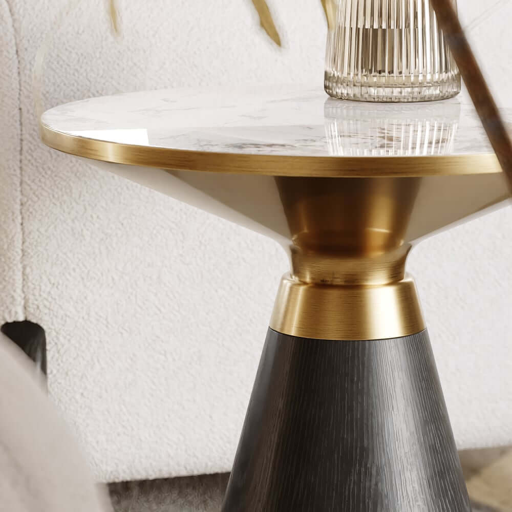 Modern Round Sintered Stone End Table With Walnut Veneer