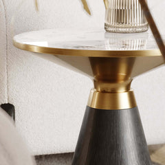 Modern Round Sintered Stone End Table With Walnut Veneer