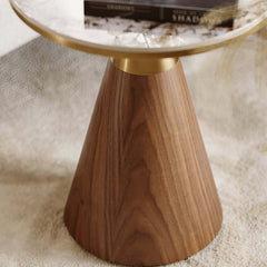 Modern Round Sintered Stone End Table With Walnut Veneer