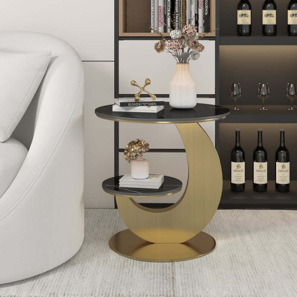 Modern Round Sintered Stone Table With Sculptural Base