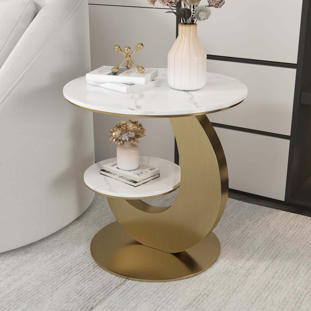 Modern Round Sintered Stone Table With Sculptural Base