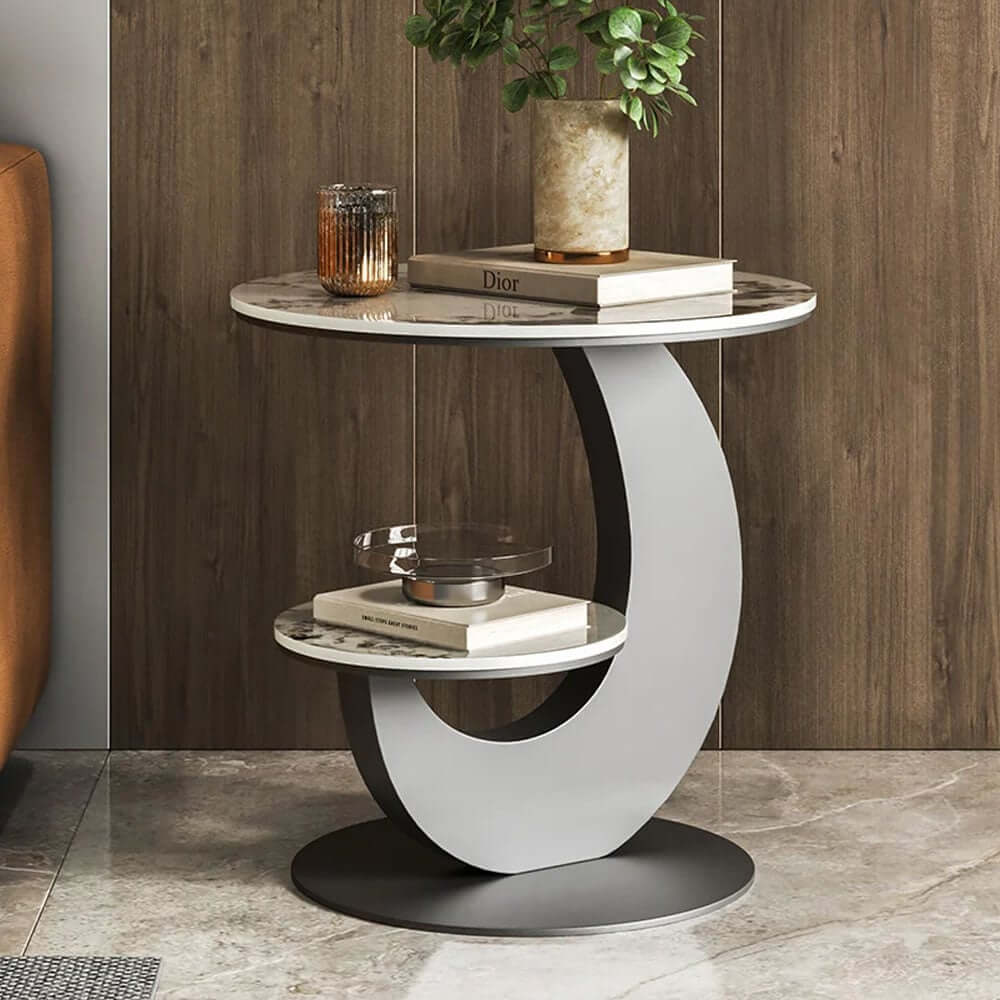 Modern Round Sintered Stone Table With Sculptural Base