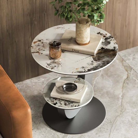 Modern Round Sintered Stone Table With Sculptural Base