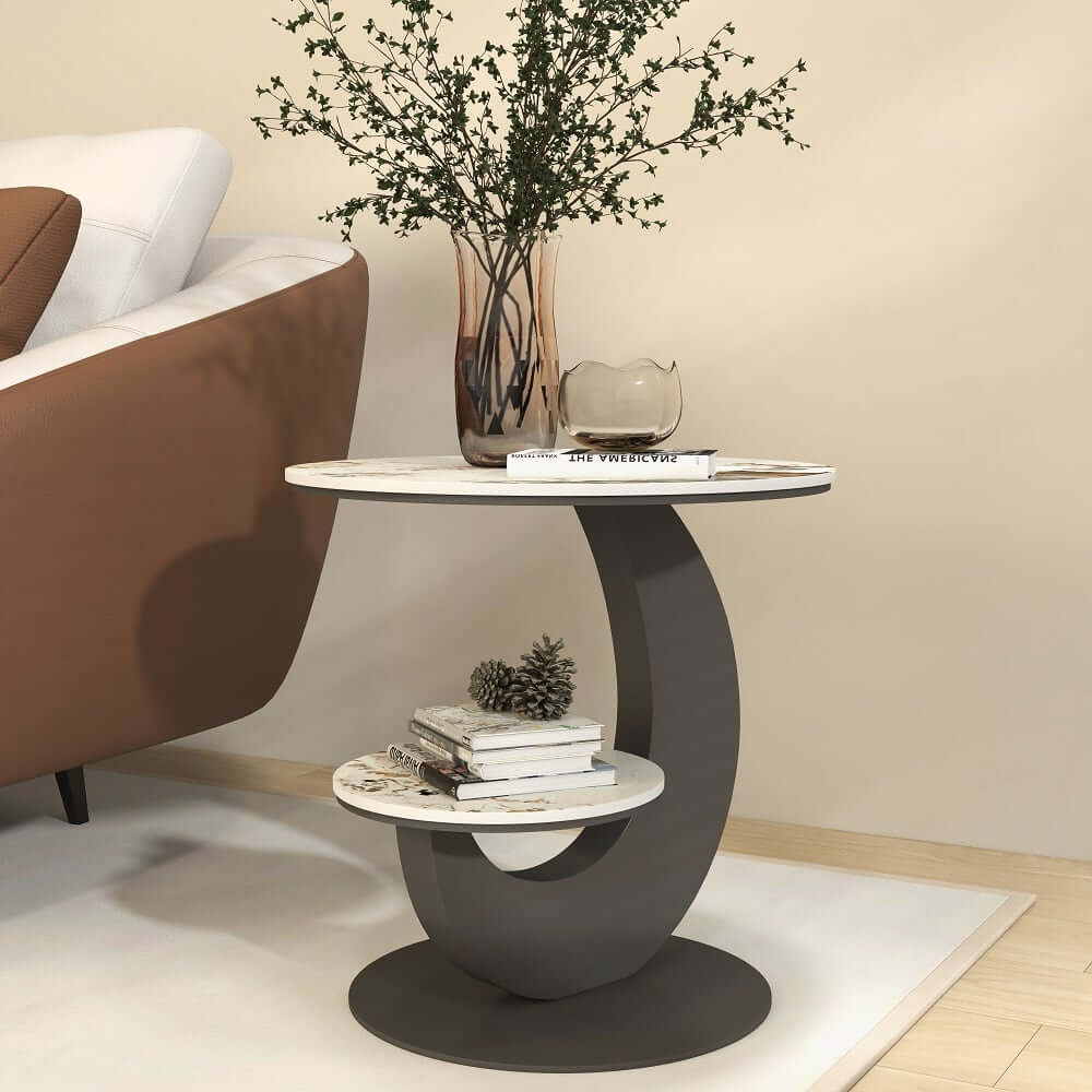 Modern Round Sintered Stone Table With Sculptural Base