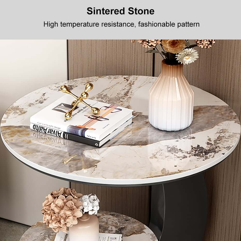 Modern Round Sintered Stone Table With Sculptural Base
