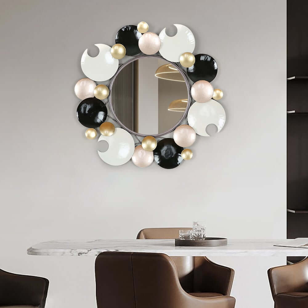 Modern Round Wall Mirror with Gold Metal Frame and Multicolor Accents