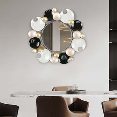 Modern Round Wall Mirror with Gold Metal Frame and Multicolor Accents