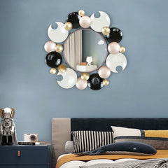 Modern Round Wall Mirror with Gold Metal Frame and Multicolor Accents