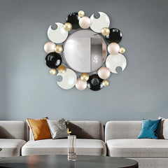 Modern Round Wall Mirror with Gold Metal Frame and Multicolor Accents