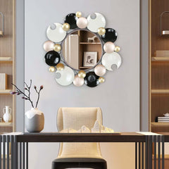 Modern Round Wall Mirror with Gold Metal Frame and Multicolor Accents