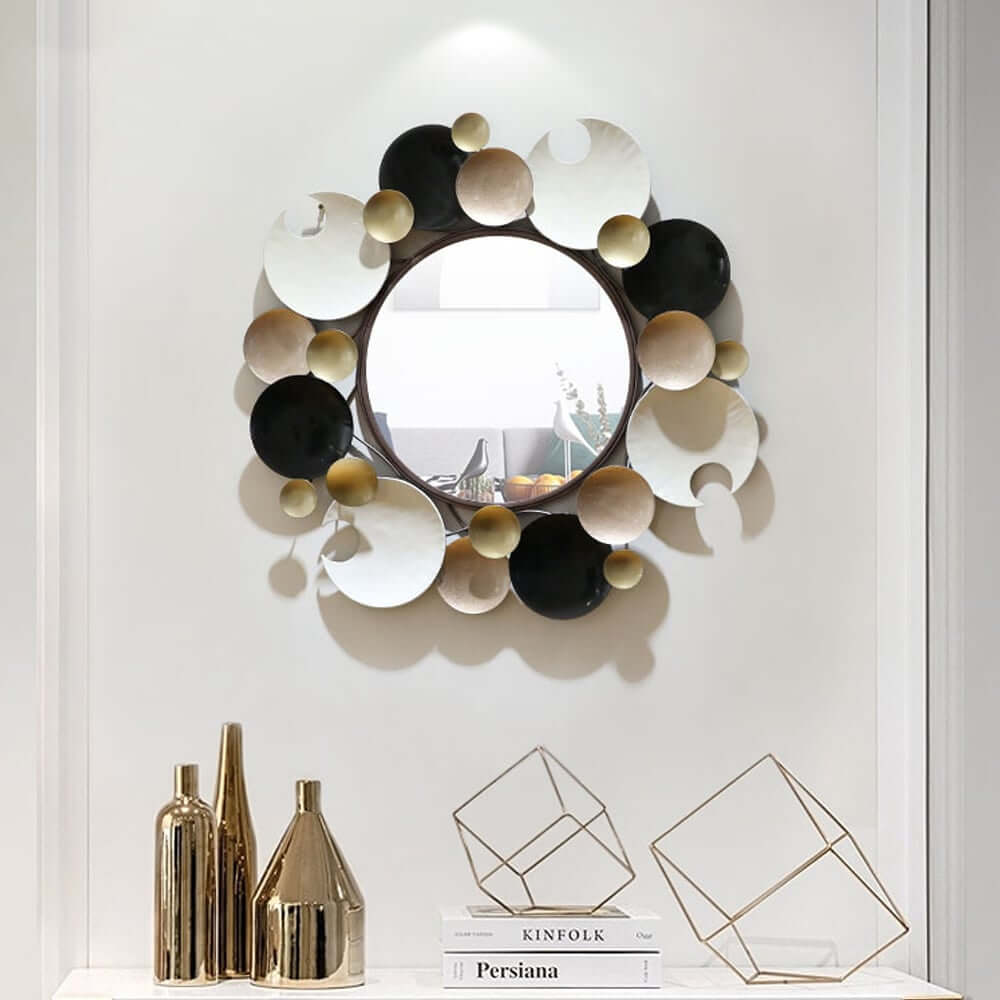 Modern Round Wall Mirror with Gold Metal Frame and Multicolor Accents