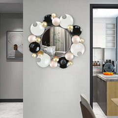 Modern Round Wall Mirror with Gold Metal Frame and Multicolor Accents