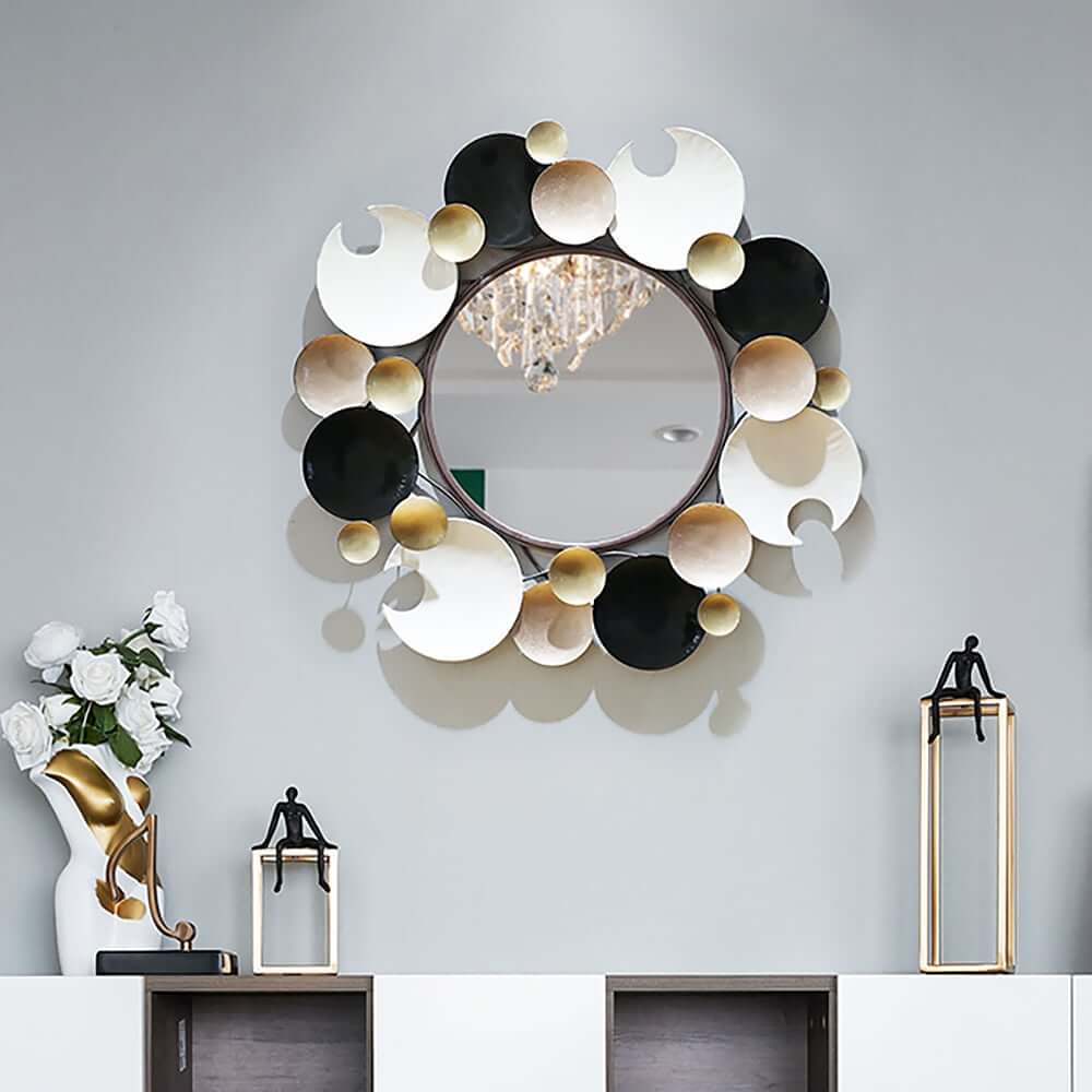 Modern Round Wall Mirror with Gold Metal Frame and Multicolor Accents Main Product Image