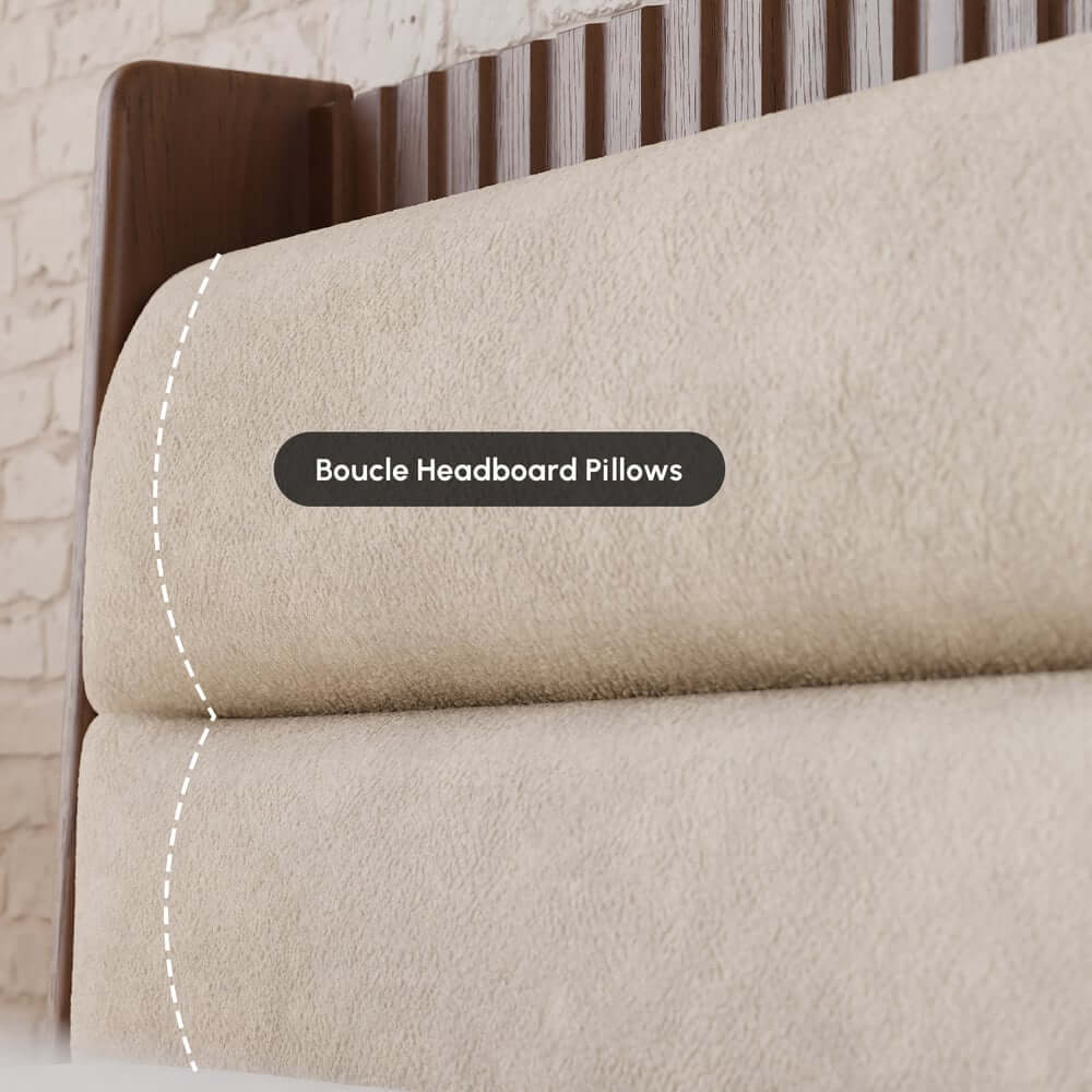 Modern Rubber Wood Bedroom Set with Boucle Headboard and Travertine Top