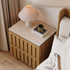 Modern Rubber Wood Bedroom Set with Boucle Headboard and Travertine Top