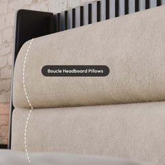 Modern Rubber Wood Bedroom Set with Boucle Headboard and Travertine Top