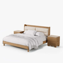 Modern Rubber Wood Bedroom Set with Boucle Headboard and Travertine Top