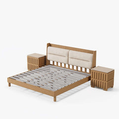 Modern Rubber Wood Bedroom Set with Boucle Headboard and Travertine Top