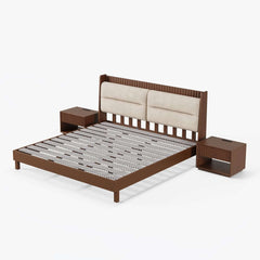 Modern Rubber Wood Bedroom Set with Boucle Headboard and Travertine Top